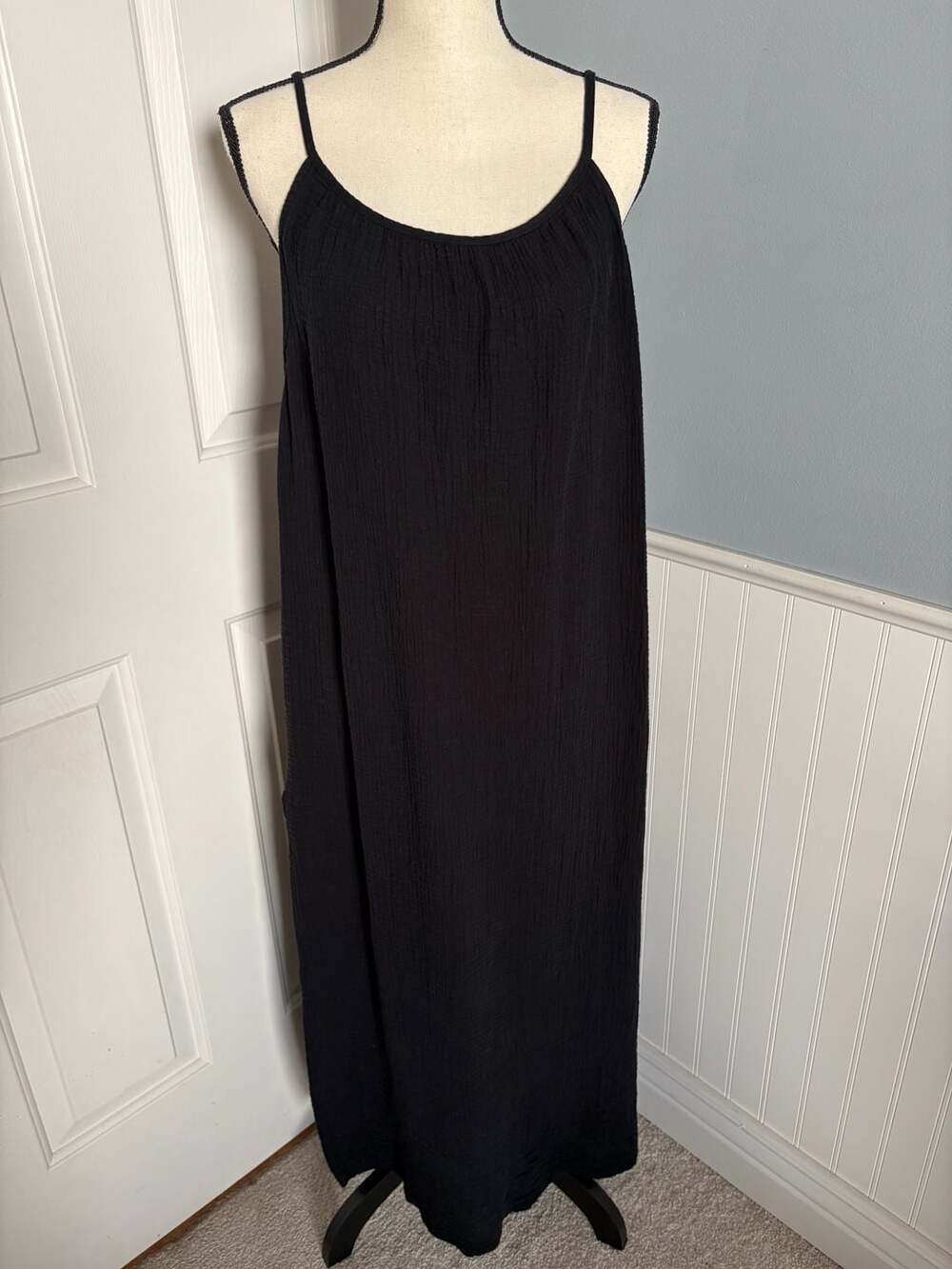 Lands' End Women's Gauze Maxi Dress in Black Crinkle Cotton